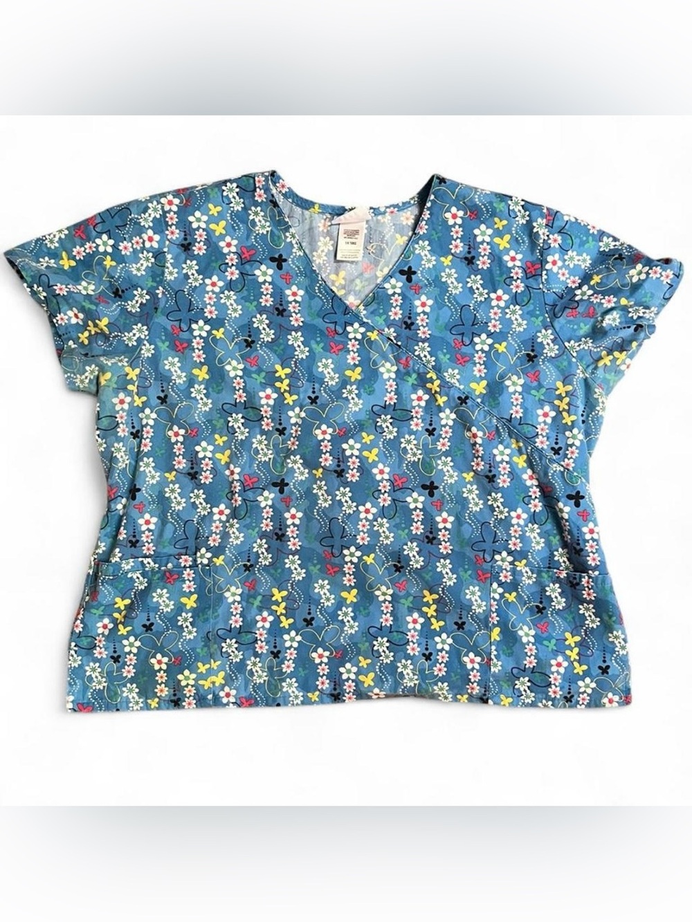 Smart Scrubs Blue Floral V-Neck Print Scrub Top